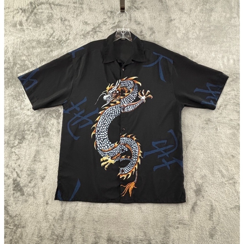 Vintage Box Office Island Dragon Button Up Shirt Mens M Black Rayon Short Sleeve